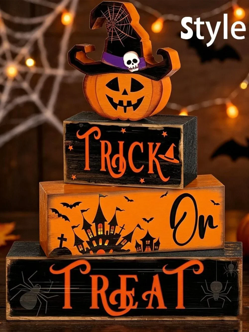 Halloween Stacked Wooden Block,Ghost Witch Pumpkin Tabletop Sign,Spooky Season